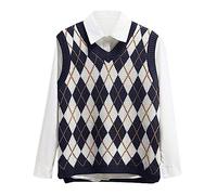 Lailezou Women's V Neck Knit Sweater Vest Argyle Plaid Preppy Style Sleeveless Crop Knitwear Tank, Blue, XL