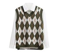 Lailezou Women's V Neck Knit Sweater Vest Argyle Plaid Preppy Style Sleeveless Crop Knitwear Tank - green - Large