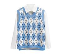 Lailezou Women's V Neck Knit Sweater Vest Argyle Plaid Preppy Style Sleeveless Crop Knitwear Tank, Light Blue, M