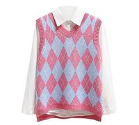 Lailezou Women's V Neck Knit Sweater Vest Argyle Plaid Preppy Style Sleeveless Crop Knitwear Tank - pink - Large