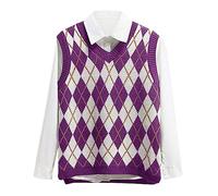 Lailezou Women's V Neck Knit Sweater Vest Argyle Plaid Preppy Style Sleeveless Crop Knitwear Tank, Purple, XXL