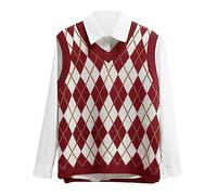 Lailezou Women's V Neck Knit Sweater Vest Argyle Plaid Preppy Style Sleeveless Crop Knitwear Tank, Red, XL