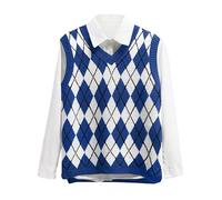 Lailezou Women's V Neck Knit Sweater Vest Argyle Plaid Preppy Style Sleeveless Crop Knitwear Tank, Royal Blue, M