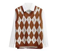 Lailezou Women's V Neck Knit Sweater Vest Argyle Plaid Preppy Style Sleeveless Crop Knitwear Tank, Yellow, XL