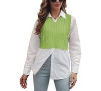 Lailezou Women's V-Neck Knit Sweater Vest Solid Color Argyle Plaid Preppy Style Sleeveless Crop Knit Vest, Green, L