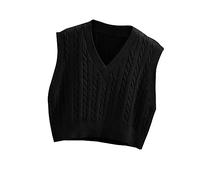 Lailezou Women's V-Neck Knit Sweater Vest Solid Color Argyle Plaid Preppy Style Sleeveless Crop Knit Vest, Black, M