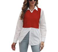 Lailezou Women's V-Neck Knit Sweater Vest Solid Color Argyle Plaid Preppy Style Sleeveless Crop Knit Vest, Red, XL