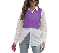 Lailezou Women's V-Neck Knit Sweater Vest Solid Color Argyle Plaid Preppy Style Sleeveless Crop Knit Vest, Purple, XL