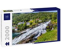 Lais Jigsaw Puzzle Panorama of the small village of Hellesylt with the Hellesyltfossen waterfall on the Geirangerfjord in the More og Romsdal region of Norway 2000 pieces
