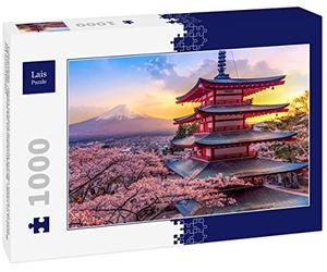 Lais Puzzle Fujiyoshida, Japan Beautiful view of Mount Fuji and the Chureito Pagoda at sunset, Japan in spring with cherry blossoms 1000 pieces