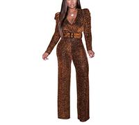 LaiyiVic Women's Sexy Sparkly Jumpsuits Clubwear Long Sleeve Elegant Party Rompers High Waisted Wide Leg Pants - Gold - Medium