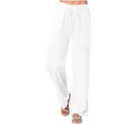 LAIYUTING Womens Cotton Linen Trousers Straight Wide Leg Drawstring Back Elastic Waist Pants, Summer Casual Baggy Trousers, Joggers,01-White,M