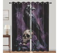 lajGalimau Black Crow Blackout Curtains for Bedroom Living Room, Raven Gothic Skull Purple Rose Curtains 84 Inch Drop 2 Panels, Room Darkening Eyelet Drapes, 52 x 84 Inch
