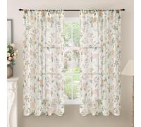 Lajode Floral Sheer Curtains for Bedroom Window 63 Inch Length 2 Panels, Farmhouse Light Filtering Patterned Semi-Sheer Linen Curtains for Living Room Rod Pocket, Champagne Beige, Each 52 Inch Wide