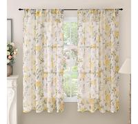 Lajode Floral Sheer Curtains for Bedroom Window 63 Inch Length 2 Panels, Farmhouse Light Filtering Privacy Patterned Semi-Sheer Linen Curtains for Living Room Rod Pocket, Yellow, Each 52 Inch Wide