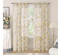 Lajode Floral Sheer Curtains for Bedroom Window 72 Inch Length 2 Panels, Farmhouse Light Filtering Privacy Patterned Semi-Sheer Linen Curtains for Living Room Rod Pocket, Yellow, Each 52 Inch Wide