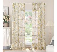 Lajode French Country Farmhouse Sheer Curtains for Living Room, Botanical Yellow Floral Patterned Light Filtering Semi Sheer Linen Rustic Cottage Curtains 84 Inch Length 2 Panels, Each 52 Inch Wide