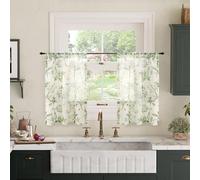 Lajode Sage Green Curtains Sheer 36 Inch Length 2 Panels Set, Short Semi Sheer Light Filtering Leaf Pattern Vintage Farmhouse Basement Half Window Cafe Curtains Rod Pocket, Each 30 Inch Wide