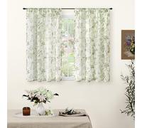 Lajode Sage Sheer Curtains 45 Inch Length 2 Panels Set Sheer, Leaf Patterned Linen Look Semi-Sheer Light Filtering Short Vintage Farmhouse Curtains for Bedroom Window Rod Pocket, Each 52 Inch Wide