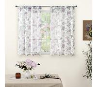 Lajode Sheer Curtains 45 Inch Length 2 Panels Set, Lavender Floral Patterned Linen Look Semi-Sheer Light Filtering Short Farmhouse Curtains for Bedroom Window, Rod Pocket, Purple, Each 52 Inch Wide