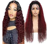 Lakaisa 13 x 1 HD Lace Wig Human Hair Wig Real Hair Women's Glueless Wig Wear and Go Kinky Curly Wig 100% Brazilian Human Hair 1B/99J Tow Tone Colour 22 Inch No Smell No Tangle