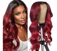 Lakaisa Body Wave Human Hair Wig Burgundy 4x1 Lace 1B99J Red Real Hair Wig Women's Real Hair Glueless Wear and Go with Baby Hair 150% Density Unprocessed Virgin Hair Brazilian Remy Hair 26 Inches (66