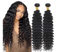 Lakaisa Deep Wave Human Hair Bundles Real Hair Weft Extensions Sew-in Hair Natural Black Real Hair Extensions 2 Bundles 100% Unprocessed Brazilian Virgin Hair for Woman 26 26 Inches