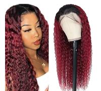 Lakaisa HD Lace Wig Human Hair Glueless Wig Wear and Go Wig Real Hair Women's Deep Wave Wig Grade 8A 100% Brazilian Remy Hair 13 x 1 Lace Frontal Wig 1B/99J Red Ombre Colour 20 Inches (51 cm)