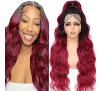 Lakaisa Real Hair Women's 13 x 1 HD Lace Front Wig 1B/99j Tow Tone Hair 100% Unprocessed Hair 180% Density No Smell 24 Inches (51 cm) - Wig - Wavy - Bohemian - 22.5 Inch - Human Hair