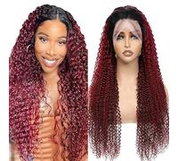 Lakaisa Real Hair Women's Kinky Curly Wig, 100% Brazilian Remy Hair, 13 x 1 HD Lace 1B/99J Red Ombre Colour, 180% Density, 51 cm/21.5-22.5 Inches