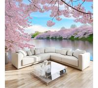 Lake 3D Photo Wallpaper Mural Pink Cherry Blossoms in Full Bloom Non-Woven Art Print Murals, Indoor Luxury Wall Painting for Living Room Tv Backdrop Kids Room Decor W200 X H140 Cm