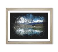 Lake And Mountain In Argentina Paint Splash Modern Art Framed Print | A4 Oak Framed Wall Art | Ready to Hang | Modern Landscape Picture | Living Room Bedroom Lounge Office