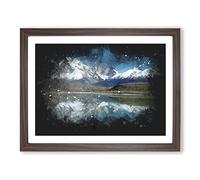 Lake And Mountain In Argentina Paint Splash Modern Art Framed Print | A4 Walnut Framed Wall Art | Ready to Hang | Modern Landscape Picture | Living Room Bedroom Lounge Office