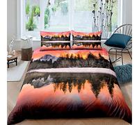 Lake and Mountains Duvet Cover Snowy Northland Scenery Bedding Set for Men Women Adults 3D forest Sunset Comforter Cover Nature Landscape Quilt Bedroom Collection 3Pcs Double Size