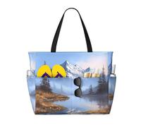 Lake and Snow Mountain Print Large Capacity Beach Travel Bag, Waterproof Beach Tote Bag with Zip and Pocket, Tote Bags for Traveling, Shopping, Pool