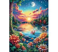 Lake at Sunset with Flowers 1000 Pieces Set Classic Jigsaw Puzzle Science Fiction Magical Dream Teen Fans 14-18 Yrs Logic Skill Leisure Adventure Valentines Gift Smooth Wooden Cardboard 1000 PCS