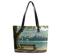 Lake Bench Tote Bag Large Soft Leather Purse with Zipper Lightweight Ladies Shoulder Handbag
