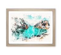 Lake Between The Mountains Watercolour Modern Framed Print | A3 Oak Framed Wall Art | Ready to Hang | Modern Landscape Picture | Living Room Bedroom Lounge Office