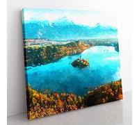 Lake Bled in Slovenia in Abstract Modern Canvas Wall Art Print Ready to Hang, Framed Picture for Living Room Bedroom Home Office Décor, 50x50 cm (20x20 Inch)