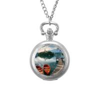 Lake Bled Slovenia Church on The Island Vintage Pocket Watch Alloy Pendant Watches Necklace Gift for Men Women Silver-Style