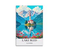 Lake Bled Slovenia Vintage Travel Poster Painting On Canvas Wall Art Scroll Picture Print Living Room Walls Decor Homes 08x12inch(20x30cm)
