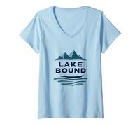 Lake Bound Mountain Adventure Boating Scenic V-Neck T-Shirt, Women, Baby Blue, M