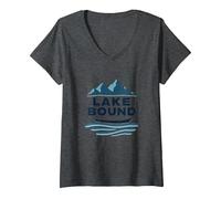 Lake Bound Mountain Adventure Boating Scenic V-Neck T-Shirt, Women, Dark Heather Grey, L