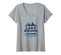 Lake Bound Mountain Adventure Boating Scenic V-Neck T-Shirt, Women, Heather Grey, L