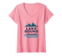 Lake Bound Mountain Adventure Boating Scenic V-Neck T-Shirt, Women, Pink, M