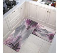 Lake Cherry Blossoms Flying Birds 2 Pieces Kitchen Floor Mats Rugs, Natural Tranquility Kitchen Rugs Non Slip for Decoration, 44x75cm+44x120cm Door Mats for Hallway Dining Room Entryway - Light Purple