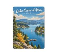 Lake Coeur D'Alene, USA Landscape Metal Wall Sign 40x30cm Wall Decoration | Refresh a reading nook with metal wall signs for versatile room styling.