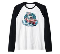 Lake Erie Boat USA Flag Cleveland Boating Raglan Baseball Tee