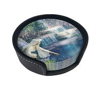 Lake Fairy Coasters For Drinks, 6 Pcs Leather Coaster With Holder, Round Cup Mat Pad Set For Home And Kitchen 3.9 Inches