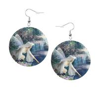 Lake Fairy Prints Leather Round Earrings Pendant Stylish And Light Lightweight Dangle For Women Girls, One Size, Leather, No Gemstone